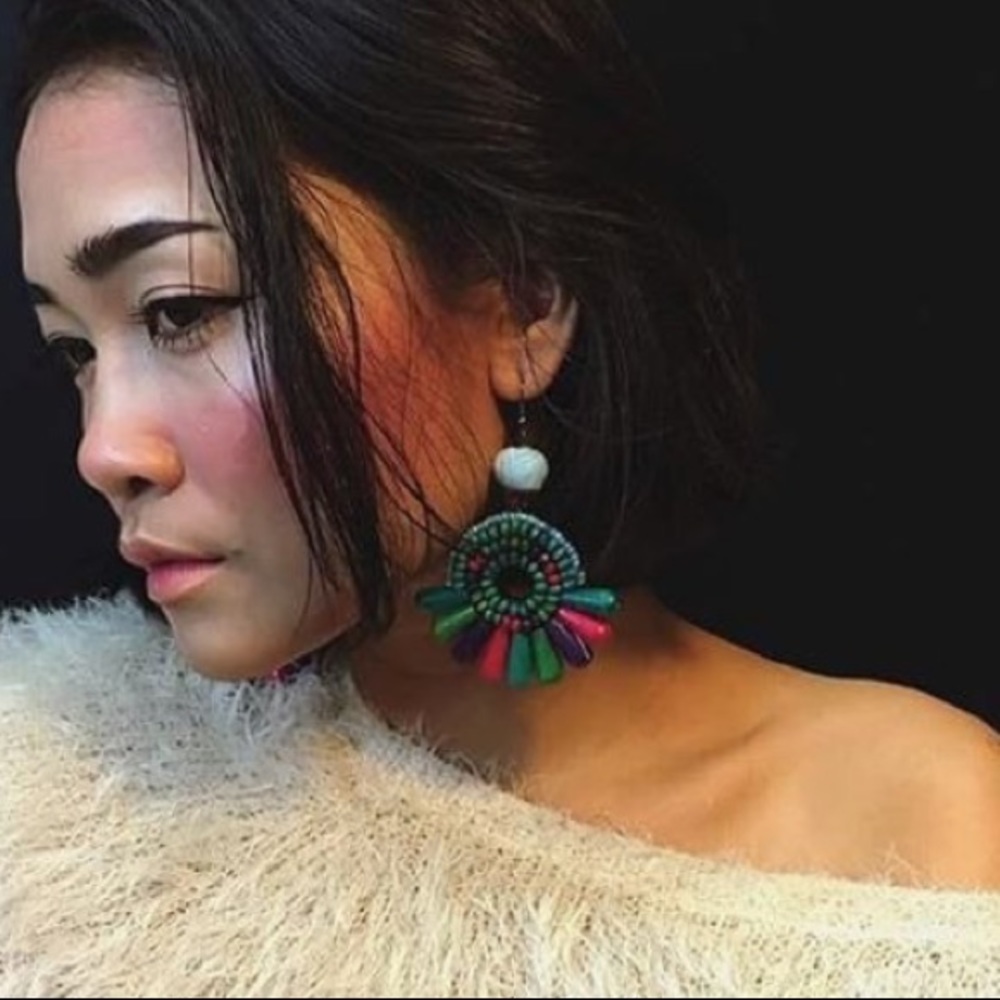 Handcrafted Wood Fringe Earrings with pom pom - Picture 2 of 4